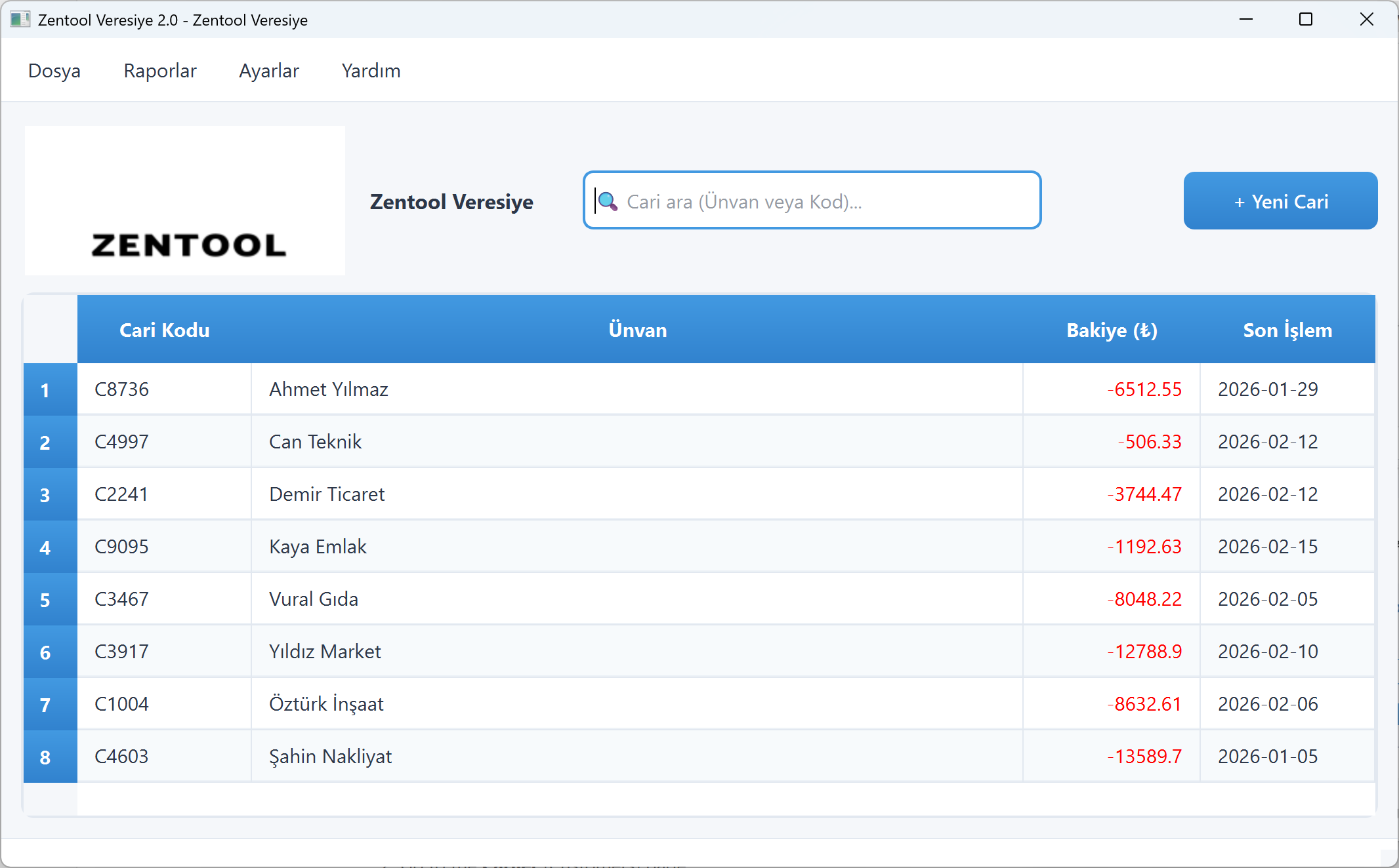 Zentool Veresiye - Müşteri Listesi